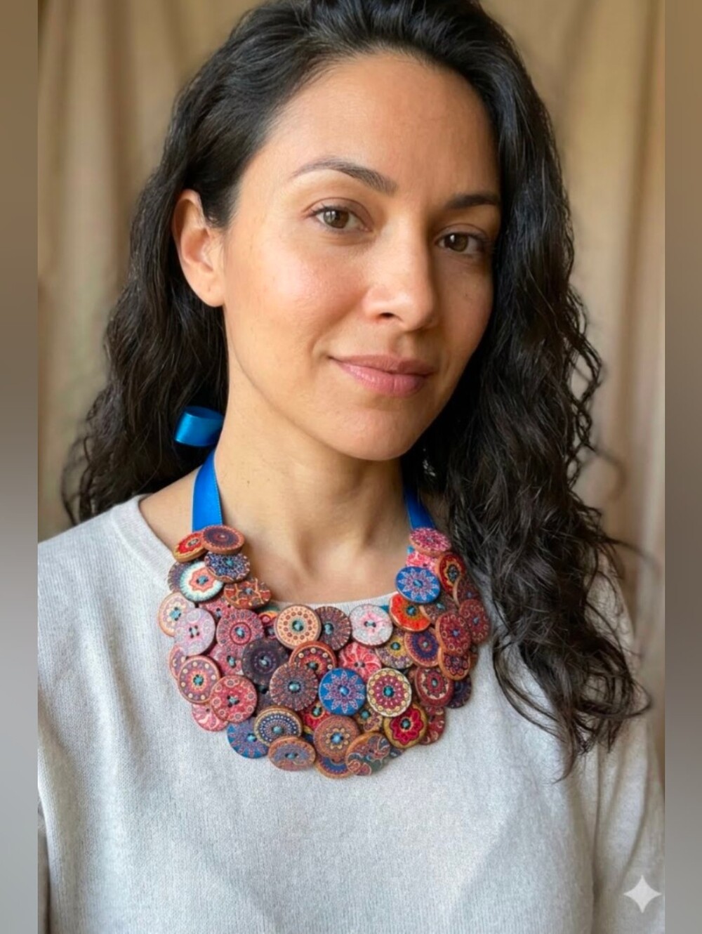 Handmade Boho Statement Bib Button Necklace Multicolor/Blue Ribbon Tie